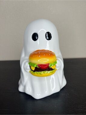 NEW 8” Ceramic Halloween Ghost Holding Burger Figurine
